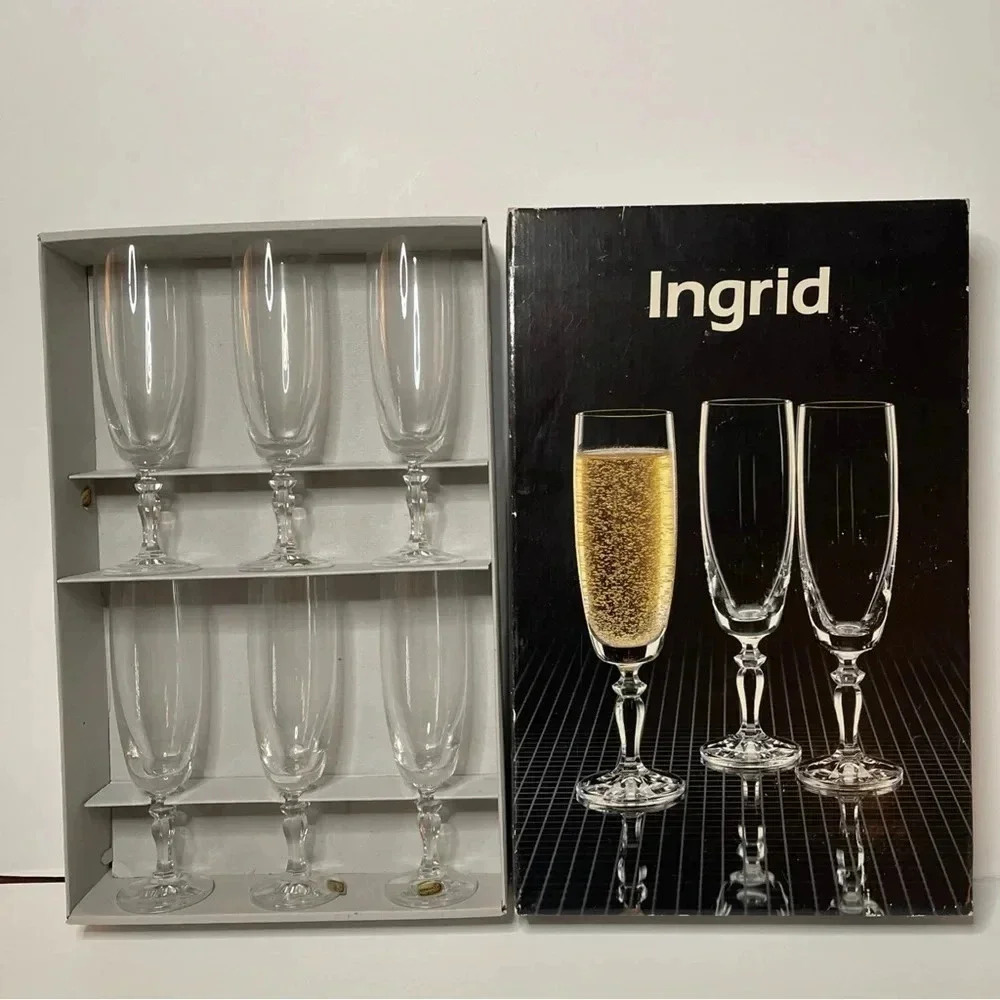 Bohemia Ingrid Glasses Crystal Czechoslovakia Champagne Flutes Set 6 with box